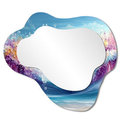Pink And Blue Ink Oceanic Waves I - Coastal Irregular Asymmetrical Mirror, Nautical Wall Mirror, Printed on Metal
