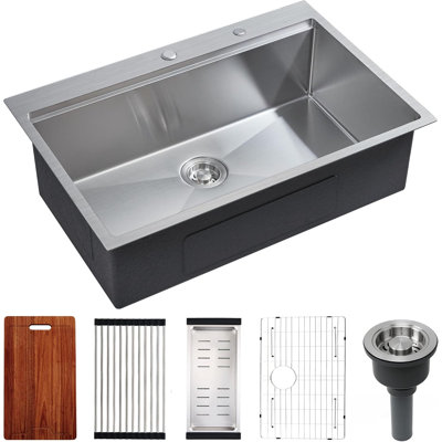 Évier de cuisine 33 po x 22 po à fixation sur comptoir en acier inoxydable calibre 16 avec accessoires Nano-argent