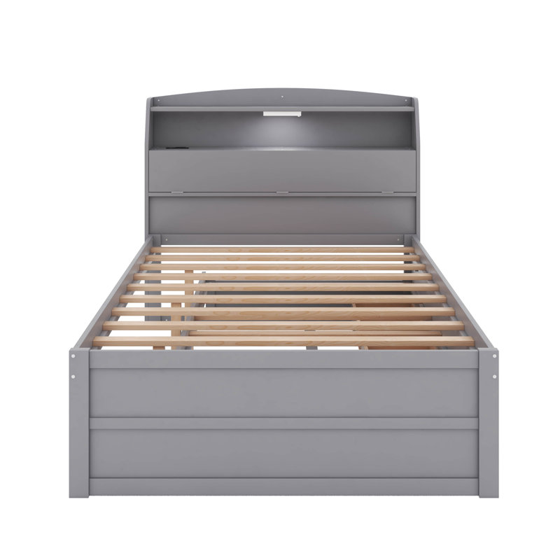 Lit plateforme en bois avec lit gigogne, tête de lit et tiroirs à DEL, Lit double, Gris