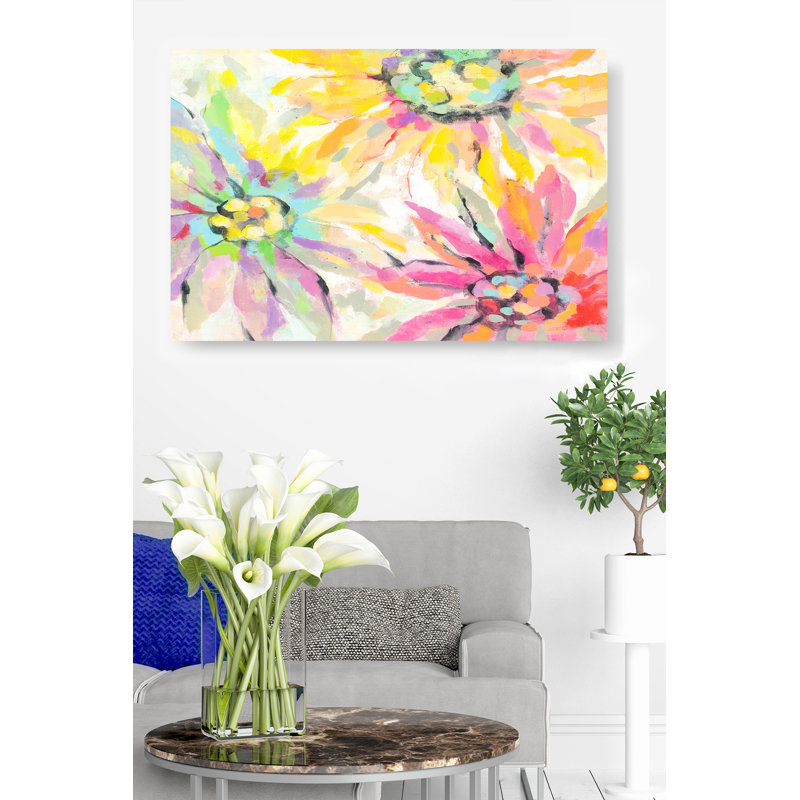 Fleurs, pétales, peint, abstrait, rouge, jaune, mauve, vert, fleur, moderne, H 24 po x l 48 po x P 1,5 po