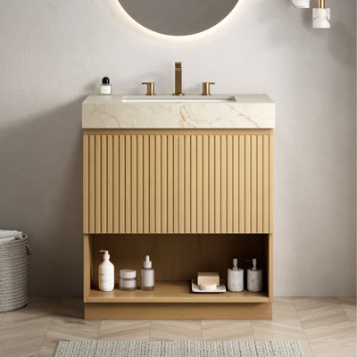 Meuble-lavabo 30 po, meuble autoportant, comptoir en pierre frittée crème et vasque en céramique avec 3 trous pré-percés pour robinet de salle de bain, démonté, robinet et drain exclus, couleur grain de bois de chêne Corolla