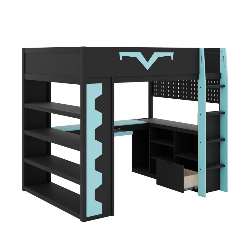 Lit mezzanine de jeu avec bureau et lumières DEL, tiroir de rangement, tablettes, panneau perforé et plateau à clavier, station de charge