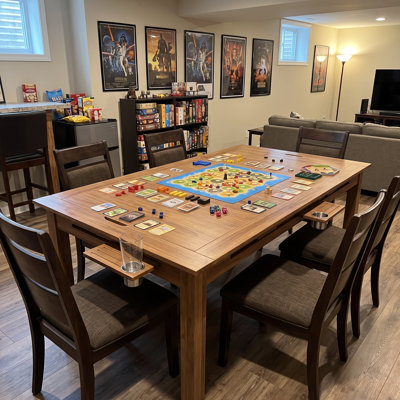 Solid Wood Board Game Table with Large Gaming Surface, Side Storage Grooves and Dining Table Function