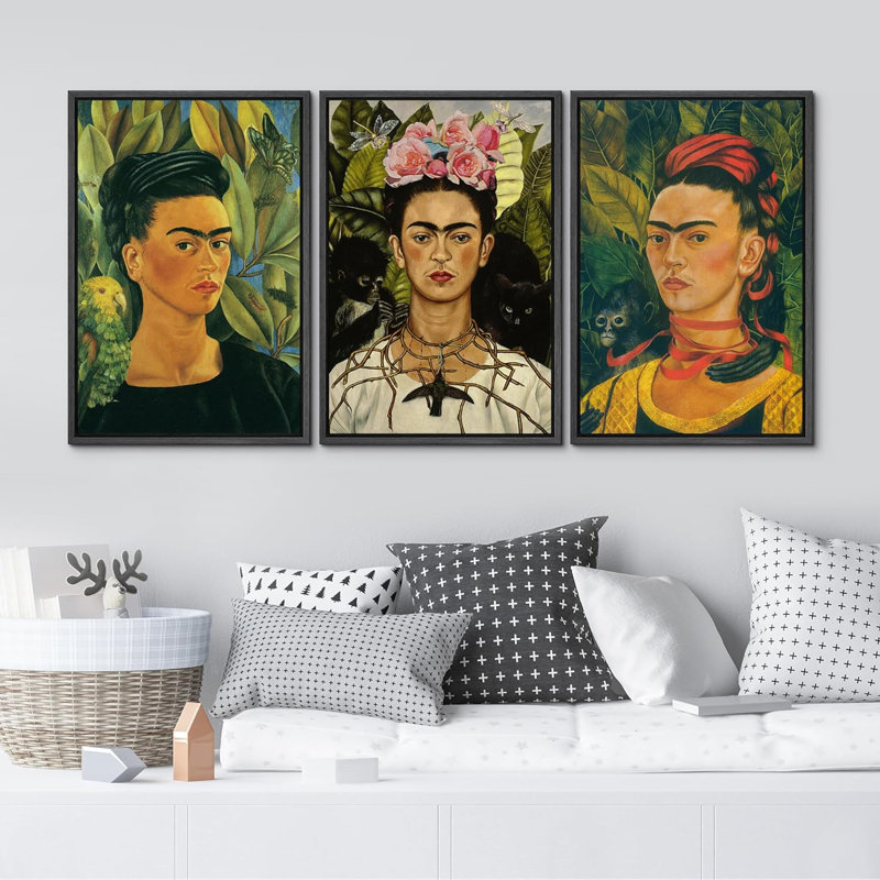 "Célèbre œuvre d'art", "Autoportrait floral" par Frida Khalo, reproduction d'art encadrée sur toile, 3 pièces, Noir