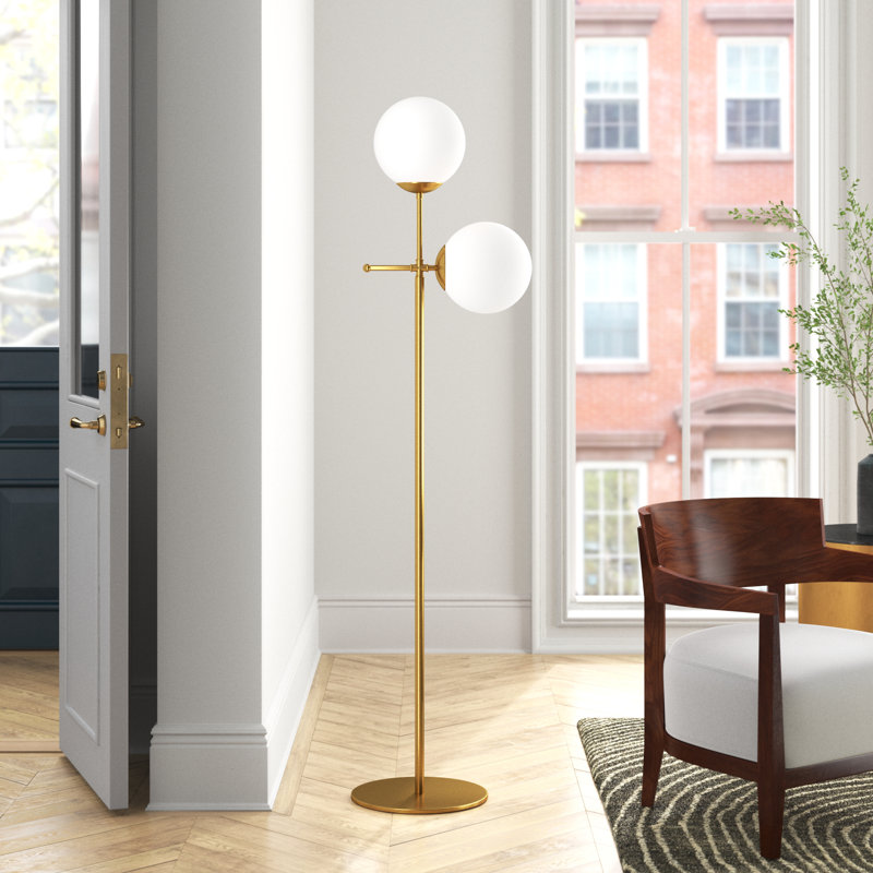 Modern Floor Lamp with Metal Body & Glass Cap, 68.5 x 5.9 inches | Elegant Gold Finish, Height: 68.5 inches, Base Plate: 4.7 inches | 2 x E27 Max 40W Sockets, Perfect for Glam & Scandinavian Decor, IP20 Rated