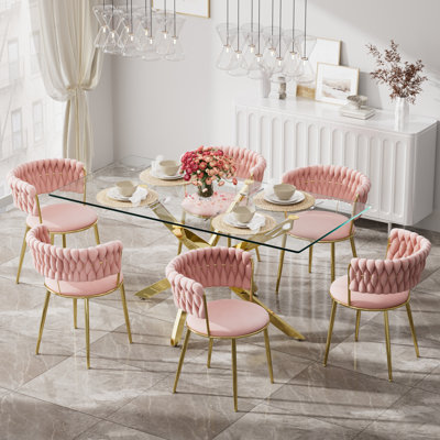 Clear Rectangle Pedestal Dining Set with Weaven Velvet Dininig Chair