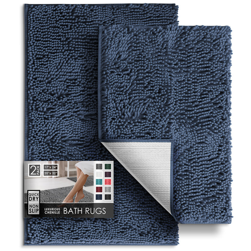 Yasmen Super Soft Absorbent Chenille Bath Rug Set with Non-Slip Backing, Navy