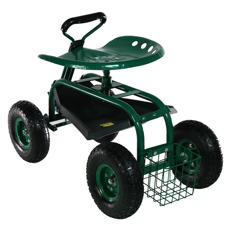 Rolling Garden Cart with Extendable Steering Handle Swivel Seat & Basket - Green, Green