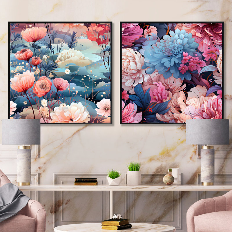 Leyna - Ensemble de 2 collages carrés botaniques abstraits, Cadre flottant noir, H 16 po x l 33 po