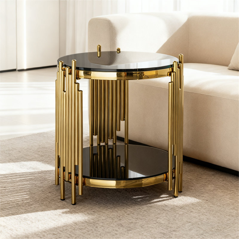 Table de bout ronde en verre, plateau de table en verre trempé noir double couche, table de coin, table d'appoint en acier inoxydable doré pour le salon (table d'appoint de 17,72 po)