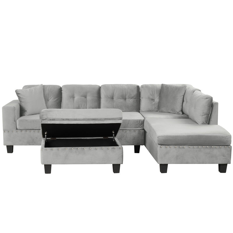 Canapé modulaire 105 po avec repose-pieds de rangement 105 po, Velours gris velours