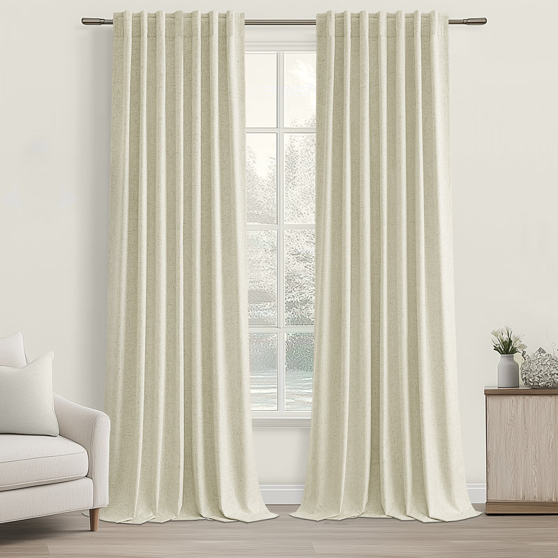 Rideaux en lin isolant 100% occultant avec languette et crochets Dennan, L 52 po x L 96 po, Crème