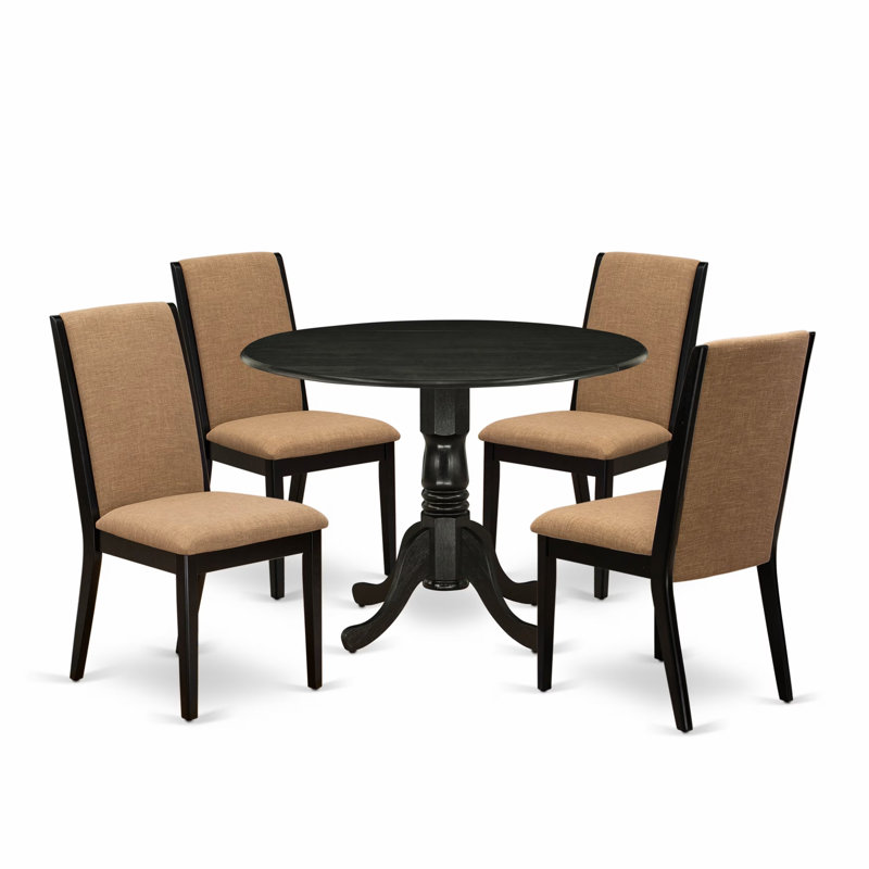 L'ensemble de table de salle à manger 5 pièces pour 4 personnes comprend une table de cuisine ronde avec Dropleaf et 4 chaises de salle à manger Parsons en lin de couleur sable, noir brossé