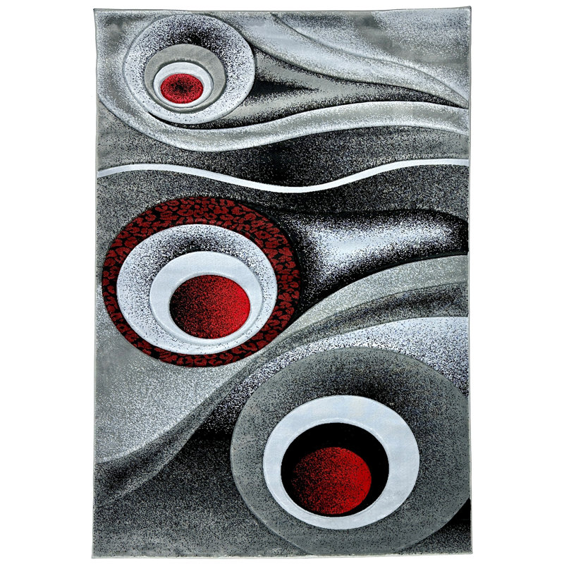 Mccampbell Abstract Area Rug, Rectangle 5' x 7', Red/Gray/Black