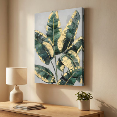 «Lush Green Leaves with Gold Edge», impression sur toile de style impressionniste - 24 po x 36 po x 1 po