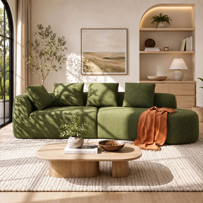 Vacuum Compressed Curved Sectional Sofa, 116" Olive Green Pearl Boucle L-Shaped Couch with Reversible Chaise, Tool-Free Assembly, 880LBS Weight Capacity