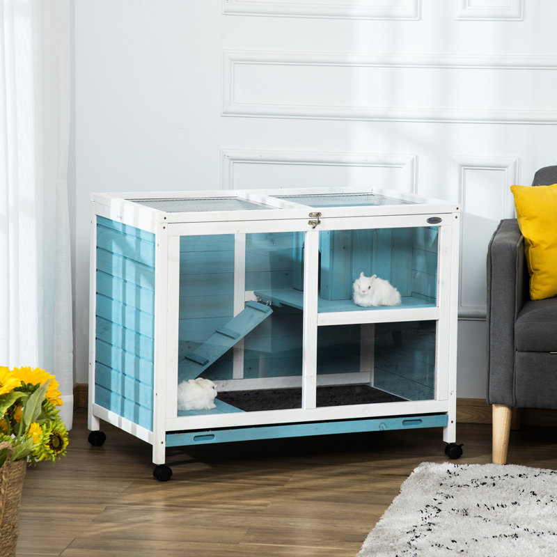 Lapin bleu avec roues faciles à déplacer - Cage en bois imperméable pour petits animaux de compagnie - bleu, style compact