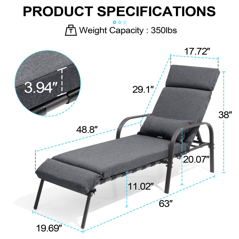 Chaise longue inclinable d'extérieur en métal avec coussins et coussins de dossier (ensemble de 4), Gris foncé