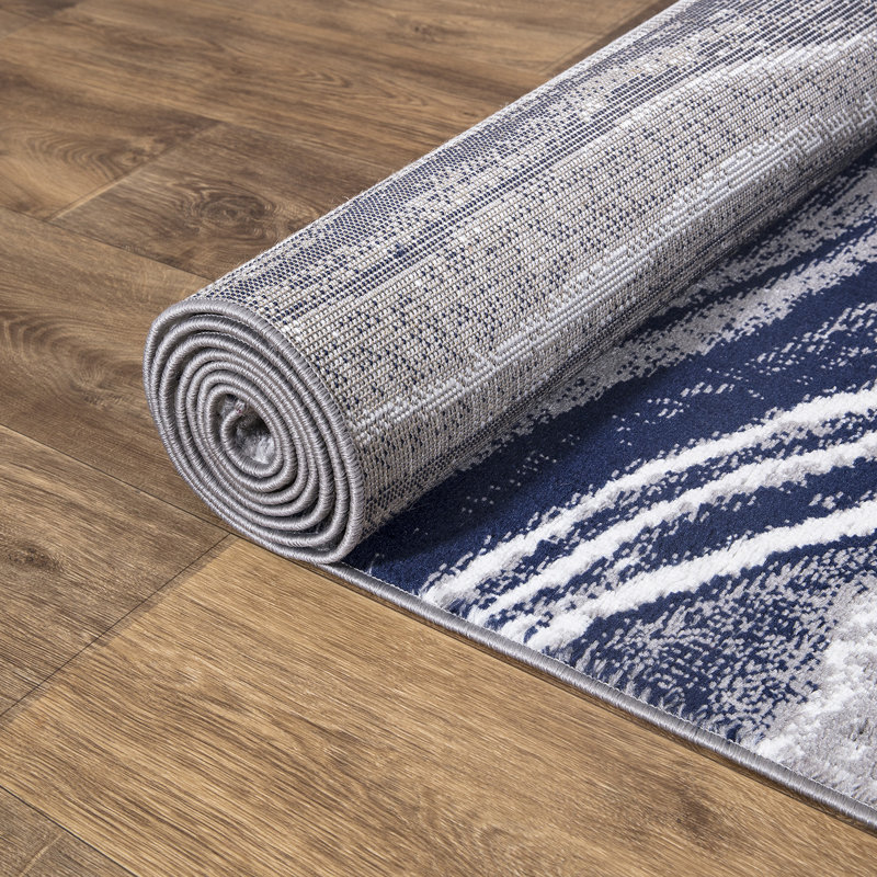 Peterstown Marble Stripes Power Loomed Performance Navy Rug, Rectangle 2'7" x 4'1"