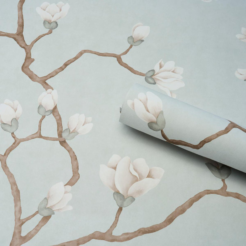 Magnolia Floral Non-Woven Wallpaper Roll, Dusty Sky