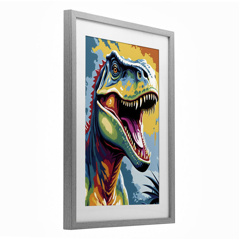 «Colorful Roaring T-Rex», reproduction imprimée sous verre, design by Creative Studio, H 23 po x l 17 po, Cadre de ferme gris