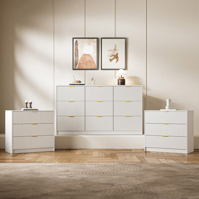 Diedre 3-piece Bedroom Set, 9 Drawer Dresser And 3 Drawer Nightstand Set Of 2