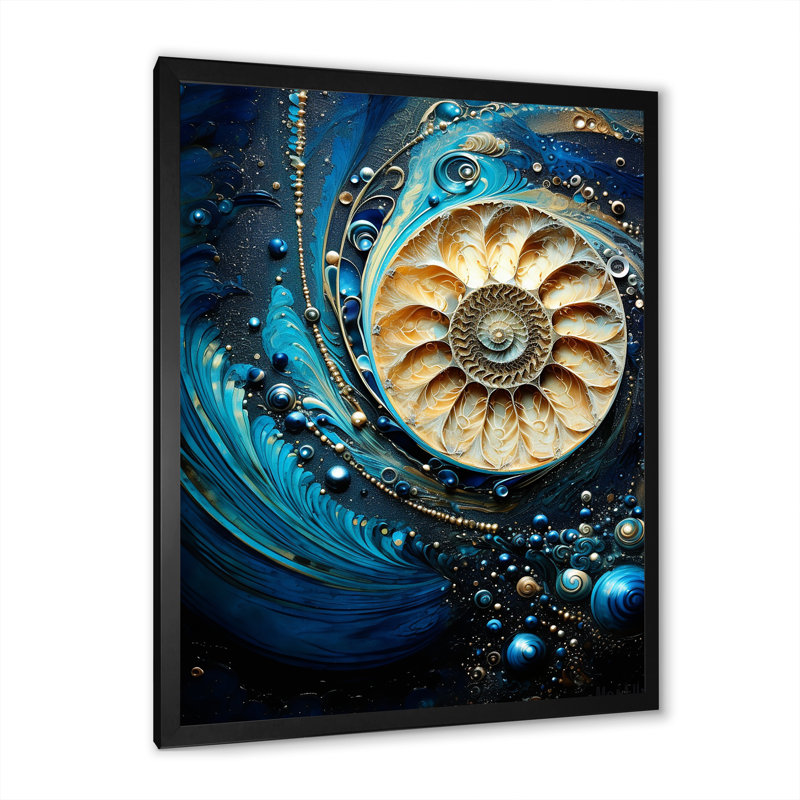 Nautilus, saphir, coquillages I sur toile, H 20 po x l 12 po x P 1 po, Cadre simple noir