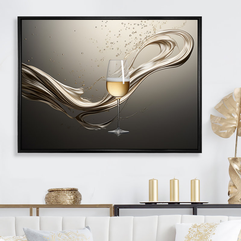 «Champagne Glass River Simplicity - Champagne, art mural», Cadre flottant noir, H 34 po x l 44 po