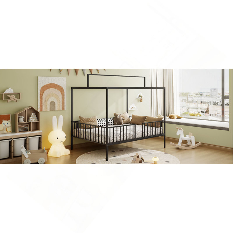 Lit convertible en métal 3 en 1 Montessori, lit pour tout-petits clôturé avec support en lattes de métal robuste, lit à baldaquin de conception minimaliste moderne Funland, assemblage facile