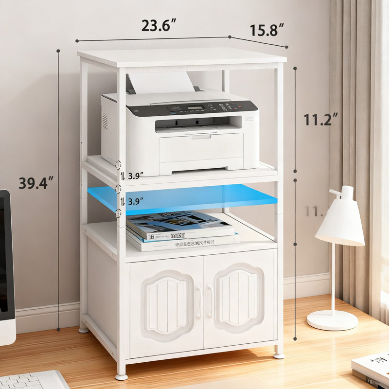 Support pour imprimante à 4 niveaux avec classeur, tablettes ouvertes réglables et conception décorative en bois pour l'organisation et le rangement du bureau personnel