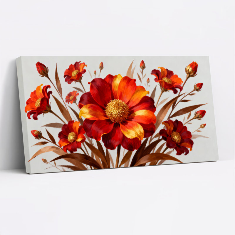 Ensemble de 1 tableau sur toile tendue à motif floral de marguerites rouges et oranges, H 24 po x l 48 po
