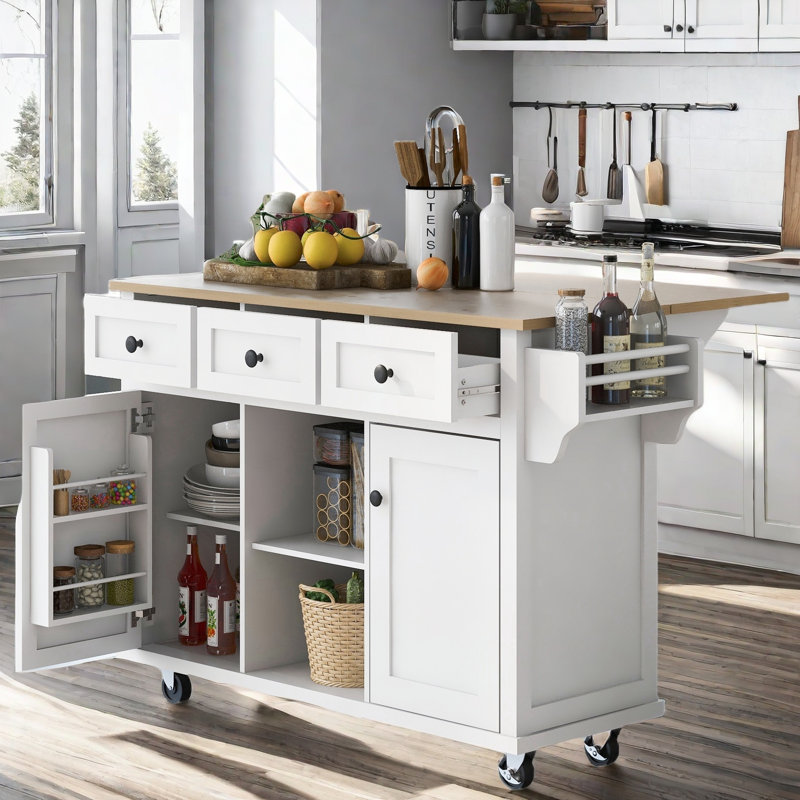 Kitchen Island With Drop-leaf Countertop, 5 Wheels, Storage Cabinet, Open Shelves And 3 Drawers, White