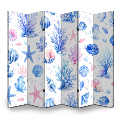 6 panneaux de paravents pliables cloisons de corail sous-marines bleues et roses, séparateur de toile, cloison de protection autoportante, cloison d'intimité pour salle de bain