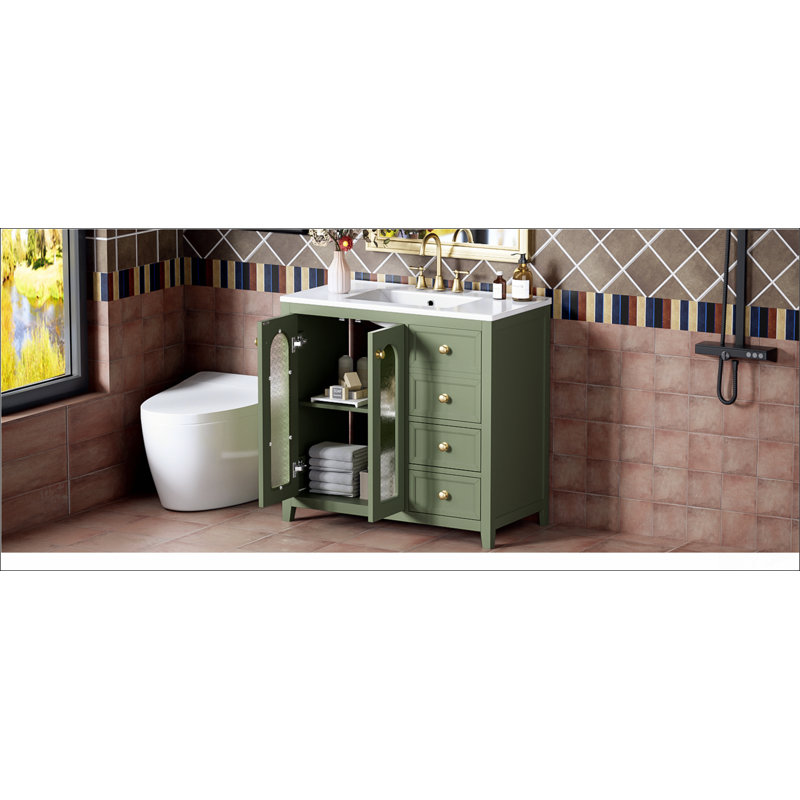 Meuble-lavabo de 36 pouces avec deux portes à fermeture douce, des tablettes réglables et trois tiroirs, Vert