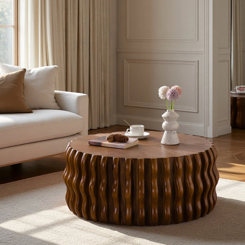 Table basse ronde cylindrique à cannelures, tables basses Mid Century