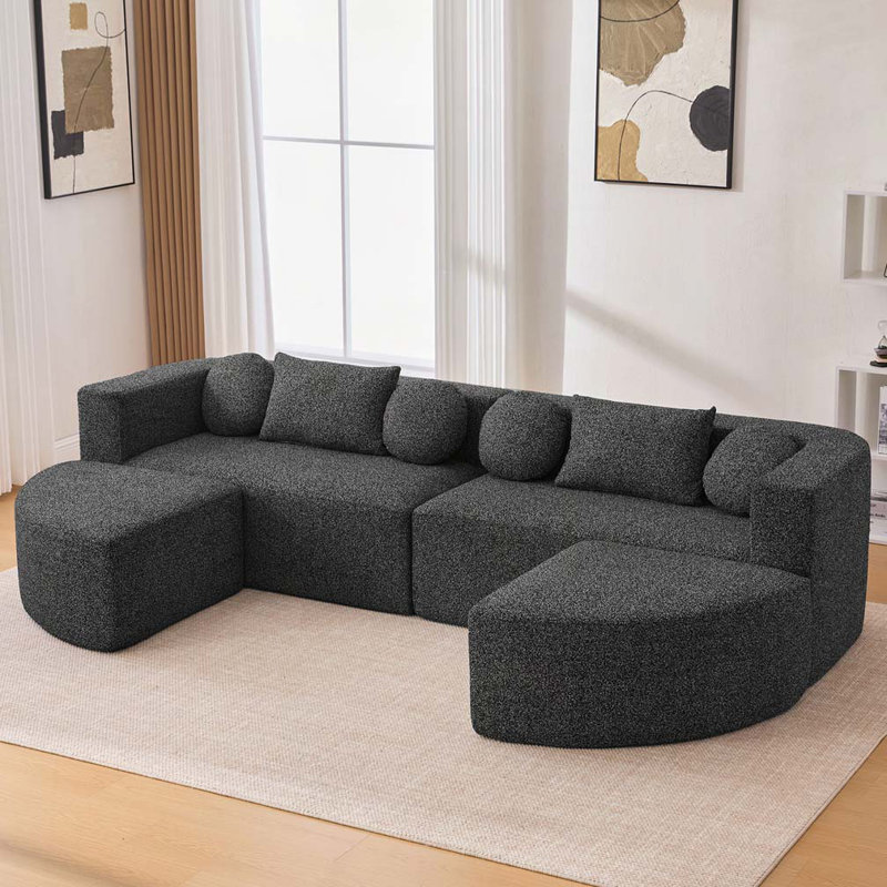 Boucle Fabric Modular Sectional Sofa, Black