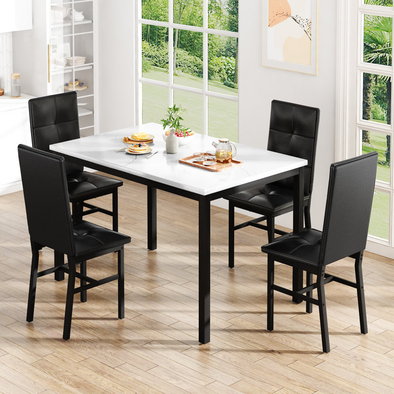 Ensemble de table de salle à manger pour 4 personnes, ensemble de table de salle à manger rectangulaire avec quatre chaises et plateau en faux marbre, ensemble de table de salle à manger avec dossier pour la salle à manger ou le salon
