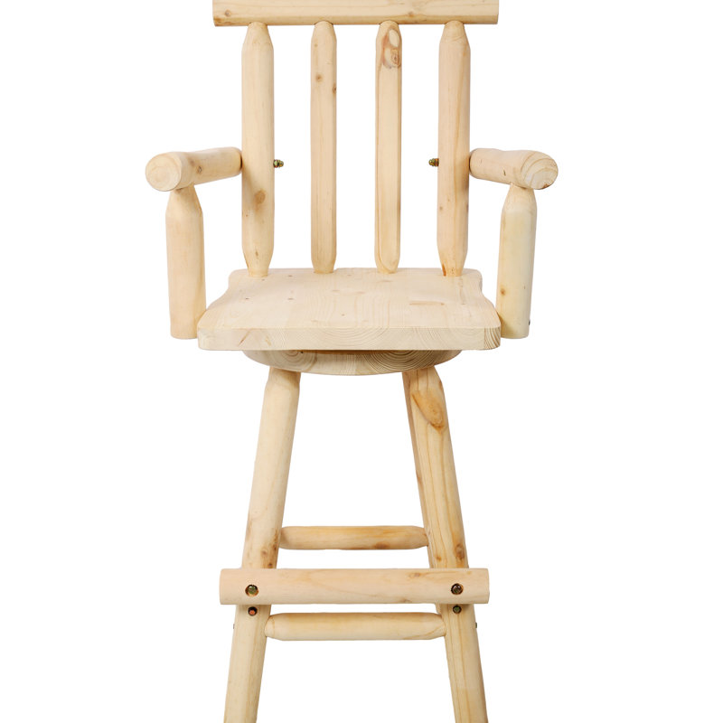 Tabouret de restaurant rustique avec pivot à 360 °, bois de sapin, brun, accoudoirs et repose-pieds pour une chaise de bar pivotante mémorable, large et confortable