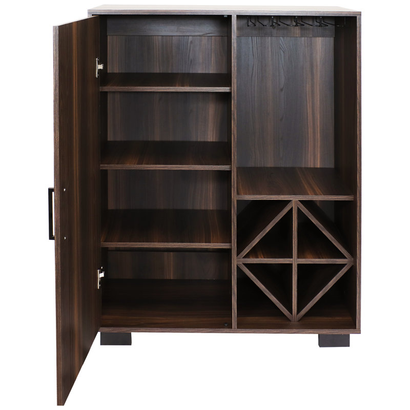 Brown 43" MDF 8-Bottle Wine Cabinet with Glass Rack and Shelves