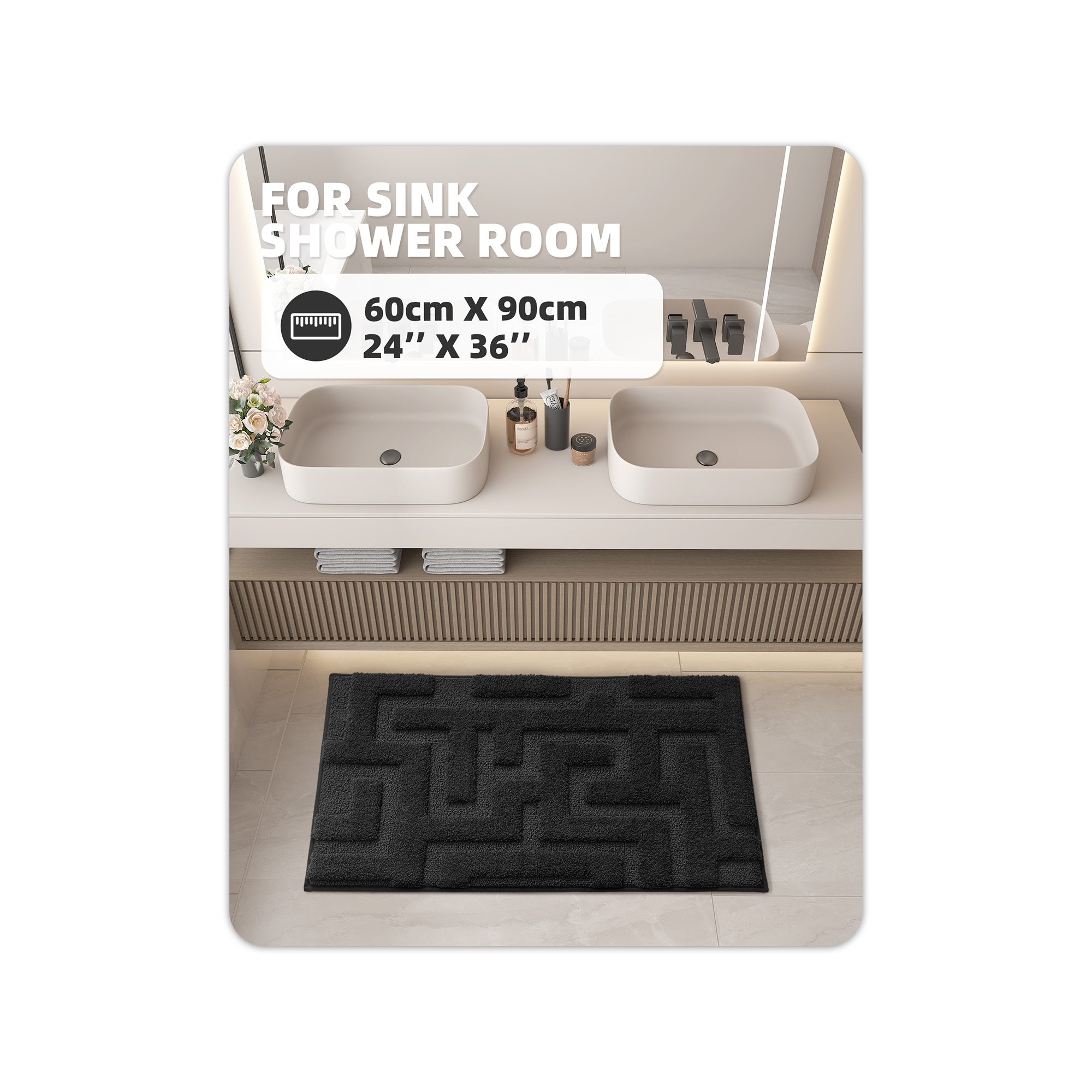 Non-Slip Bath Rug, 24" L x 36" W, Black