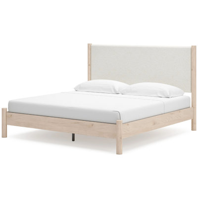 Mooran King Size Bed, White Polyester Upholstery, Light Brown Wood