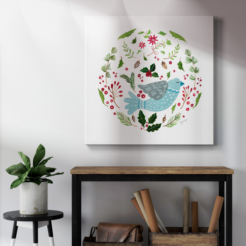 Christmas Folk Bird - Toile tendue avec châssis de qualité supérieure - prête à être accrochée