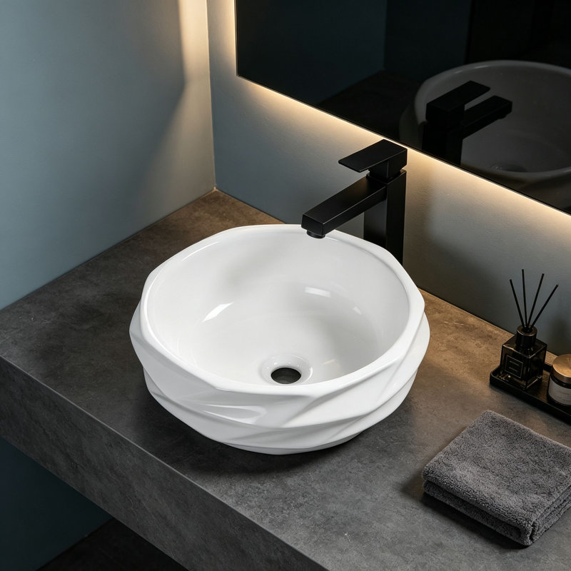 Topcraft 15.75 Inch White Round Diamond Pattern Ceramic Bathroom Sink
