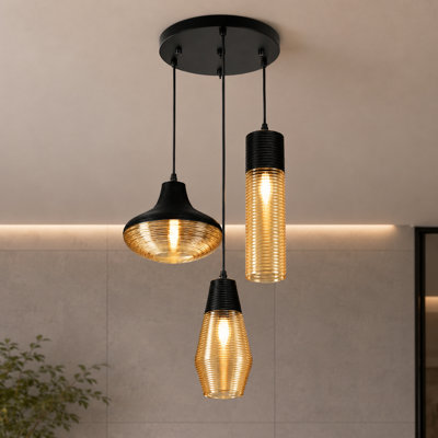 Modern 3-light Glass Pendant, Black Iron With Mixed-size Shades