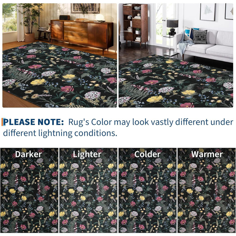 Washable Area Rugs for Bedroom Living Room Rug Elegant Floral Throw Rugs Non-Slip Low Pile Thin Carpet Farmhouse Boho Print Non-Shedding Floor Carpet for Dining Room Home Office Dorm Black