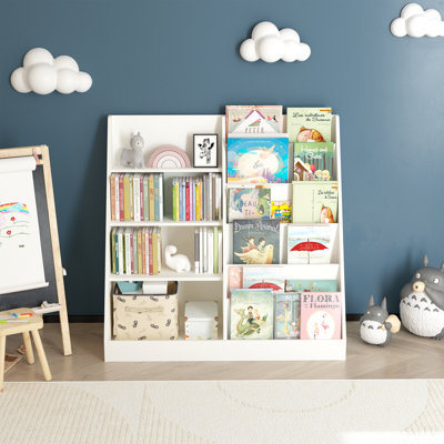 Kids Bookshelf and Toy Storage Organizer, Multifunctional 4 Tier Wooden Kids Book Shelf with  Bookcase Display Stand in Kids Room Playroom Nursery for