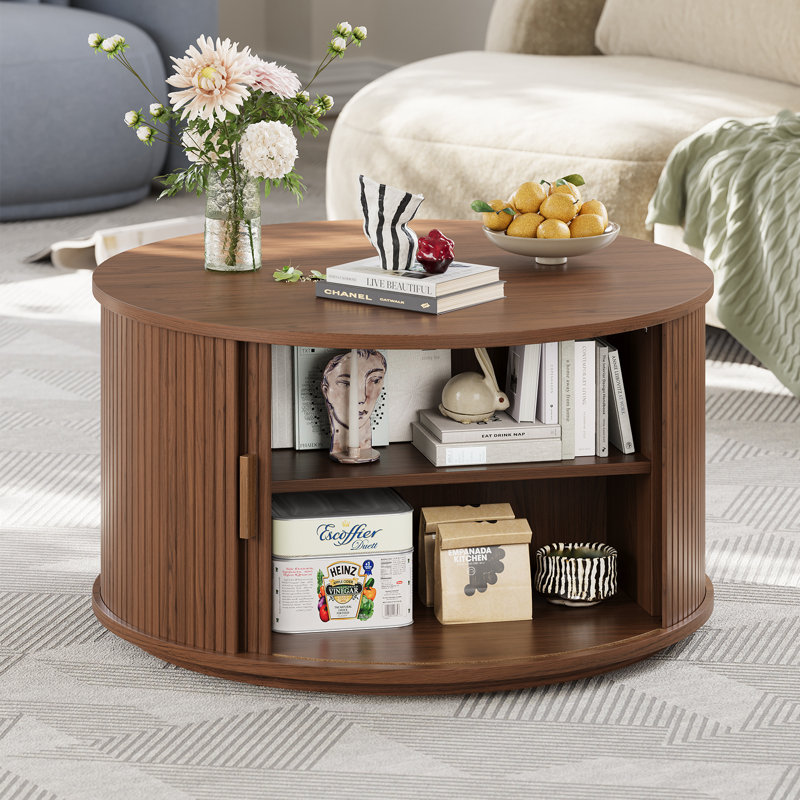 31.5" Modern Round Coffee Table With 360° Curved Sliding Door, Walnut