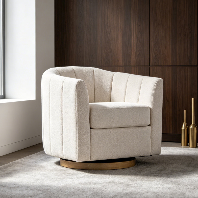 Fauteuil d'appoint pivotant en chenille l 31 po avec base en bois d'hévéa, Beige