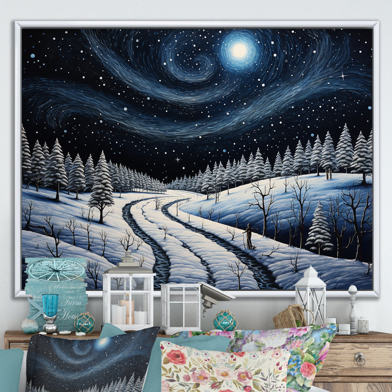 Frosty Pathway Road Into Winter Embrace V - Art mural sur route, Cadre flottant blanc, H 30 po x l 40 po x P 1,5 po