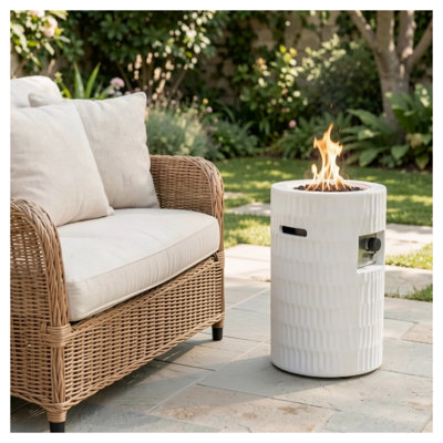 40,000 BTU Concrete Propane Fire Pit Column - Beige Outdoor Gas Patio Heater with Lava Rocks & Rain Cover